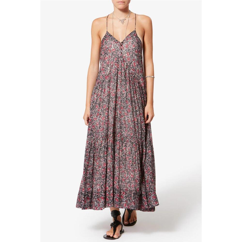 Isabel Marant Black Maxi Dress with Pink Floral All-Over Print